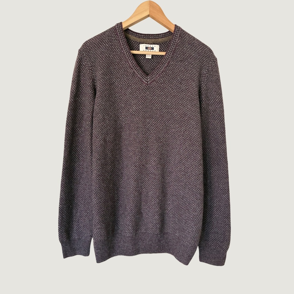 Joseph Abboud Mens XL V-Neck Wool Blend Sweater Burgundy Grey Birdseye Knit